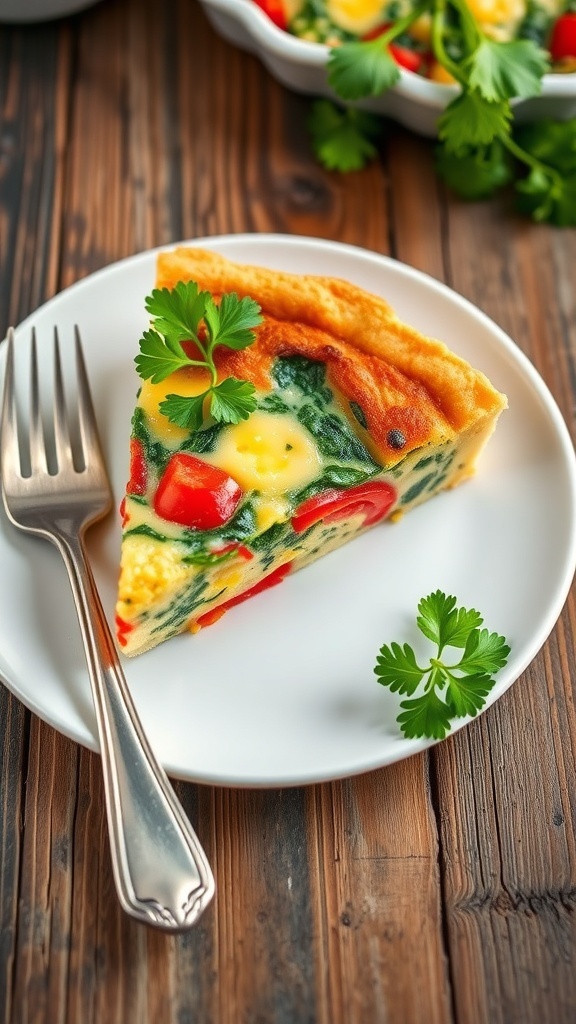 A slice of crustless vegetable quiche with spinach and bell peppers on a plate, garnished with parsley.